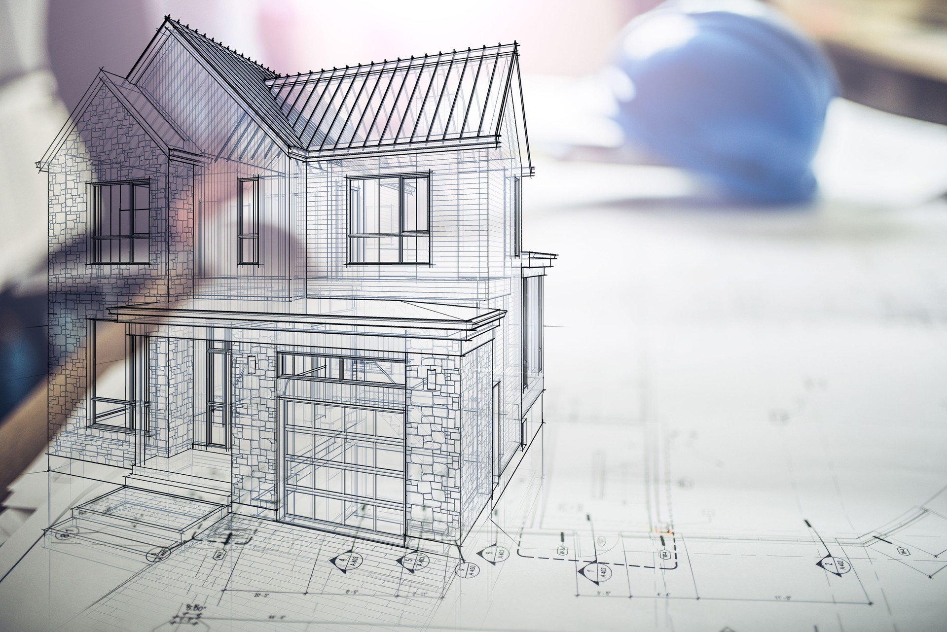 Hologram of a house project over blueprints