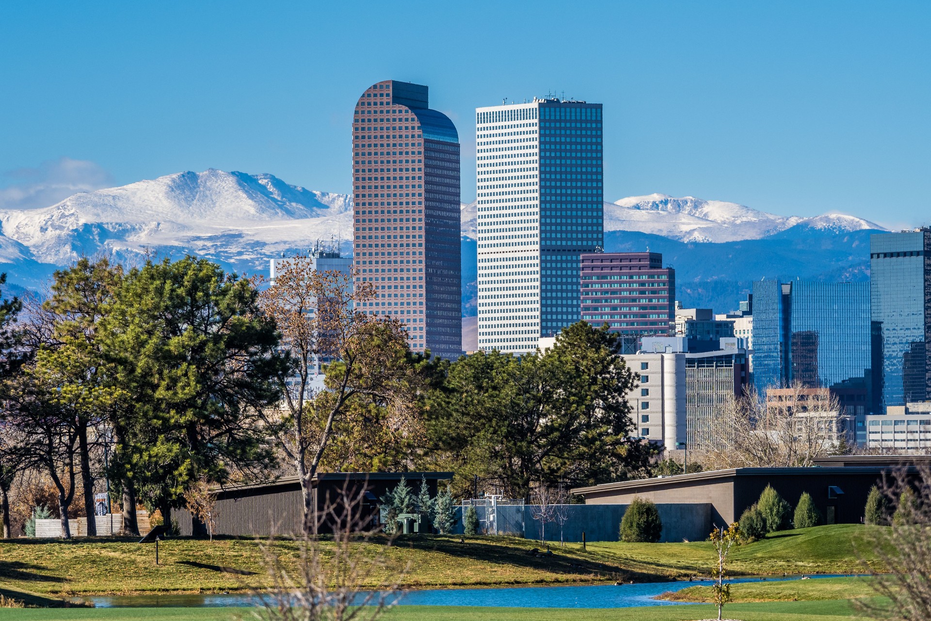 Panorama of Denver CO at early winter morning seen from City Park